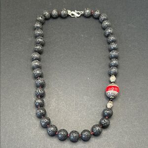VTG handmade choker necklace volcanic lava beads, red coral, silver accents 18”